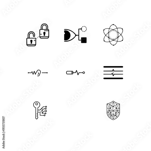 Quantum cryptography and secure data transmission linear icon set, QKD technology, photon encryption and post-quantum security vector symbols