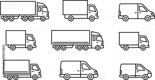 Delivery truck and cargo van outline icon set for logistics transportation shipping courier service commercial vehicles line vector collection