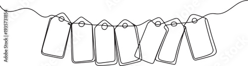 continuous line of price labels.single line drawing of price label paper with string.one line vector illustration with white background