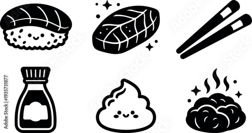 Flat design kawaii sushi icon set six food icons including nigiri chopsticks soy sauce mayo rice smiling faces black outline