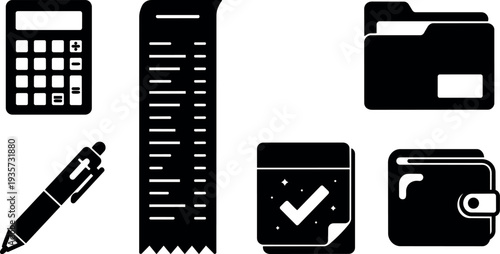 Flat design minimal finance icon set calculator receipt folder pen checklist wallet isolated on white background closeup black glyphs vector