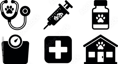 Minimalist veterinary icon set flat design stethoscope syringe medicine bottle clinic scale cross pet hospital building paw print silhouette icons