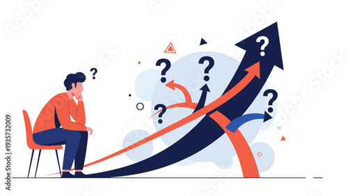 Pensive individual sitting and considering various career paths and strategic directions represented by multiple arrows and question marks.