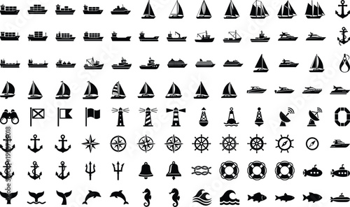 Marine and nautical icon set featuring ships, sailboats, anchors, lighthouse, compass, submarine and sea animals silhouettes for maritime navigation transport design
