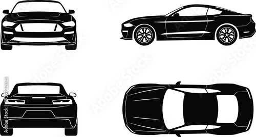 Modern black sports car silhouette set with front side rear and top views, detailed vehicle outline vector illustration isolated on white background