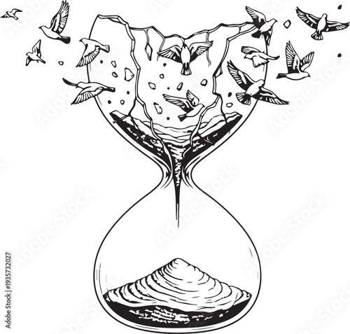 Conceptual illustration of a shattered hourglass with birds flying out to represent freedom