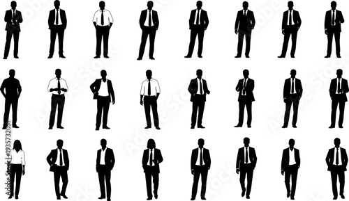 Business people silhouette collection with men and women in formal suits, professional standing and walking poses isolated for corporate, office, teamwork design