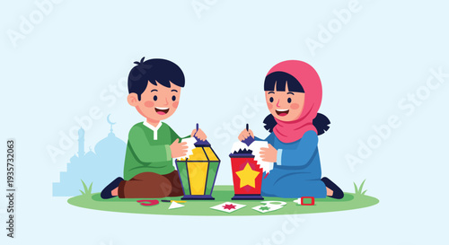 Ramadan Kareem Night Illustration with Mosque, Lanterns, Crescent Moon and Iftar Dates