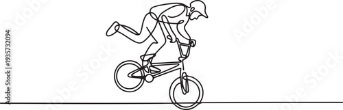 One continuous line drawing of Cycling freestyle BMX vector illustration. Cycling freestyle BMX design in simple linear continuous style vector concept.one line vector illustration