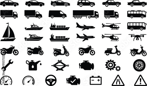 Transportation and automotive vehicle silhouette icon set including cars trucks buses ships airplanes motorcycles tools and repair symbols black vector collection