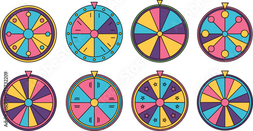 Colorful Fortune Wheel Spinner Game Icon Set Featuring Lucky Spin Prize Wheel Carnival Casino Contest and Lottery Game Elements.