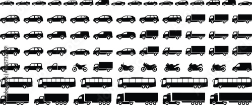 Transportation vehicle silhouette collection with cars trucks buses vans motorcycles and trailers isolated black transport icons set vector illustration
