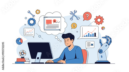 Computer programmer working at a desk surrounded by digital icons and thought bubbles depicting industrial automation and data analytics.