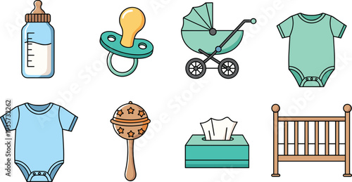 Set of eight baby care essentials including bottle, pacifier, stroller, onesies, rattle, tissues, and crib for parenting and childcare themes