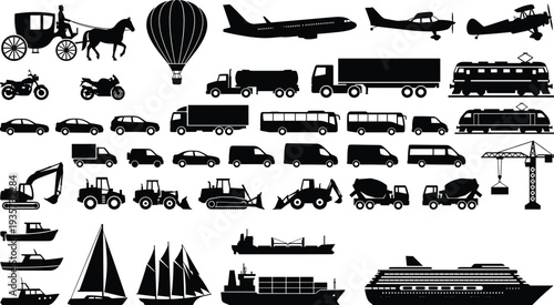 Transportation vehicle silhouette icon set featuring airplane train ship truck car motorcycle construction machinery and boat collection isolated black vector transport symbols