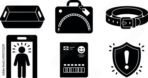 Flat vector airport security icon set tray suitcase belt body scanner passport shield minimalist travel and safety symbols monochrome outline