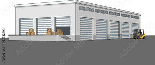 Warehouse logistics distribution center with loading dock boxes and forklift industrial storage building supply chain shipping concept vector illustration
