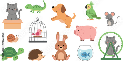Cute cartoon pet animals collection flat vector illustration set including cat dog rabbit turtle bird hamster pig and aquarium fish isolated