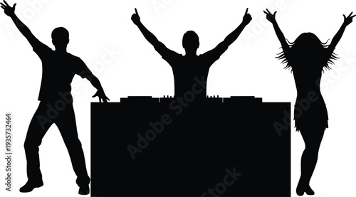 DJ booth silhouette, dance party, energetic dancers, music celebration, nightlife entertainment, club scene, rhythm, fun atmosphere, performance, social event
