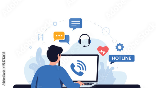 Customer service representative working at a computer with a headset icon and speech bubbles to represent reliable hotline support services.