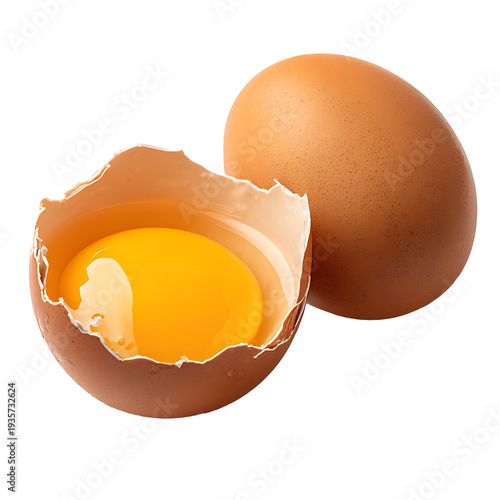 Cracked open brown egg with yolk exposed beside a whole egg