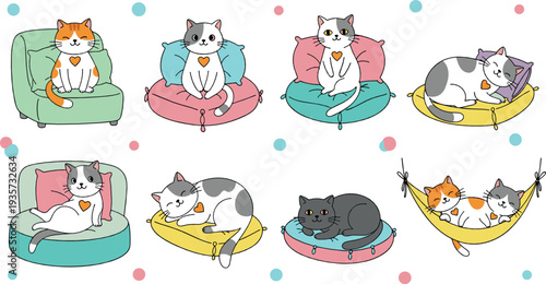 Cute cats relaxing on pillows and hammock flat vector illustration set with cozy home pets sleeping and resting