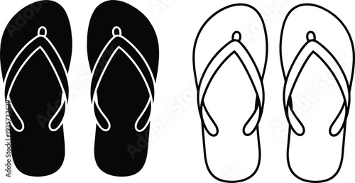 Flip flop sandal vector set, summer beach slippers silhouette and outline, casual rubber footwear illustration, tropical vacation sandal icons isolated