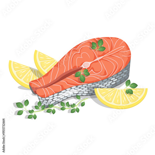 Trout steak with lemon and herbs, isolated on a white background.Vector composition of fish for restaurant menus, culinary recipe designs.recipes.
