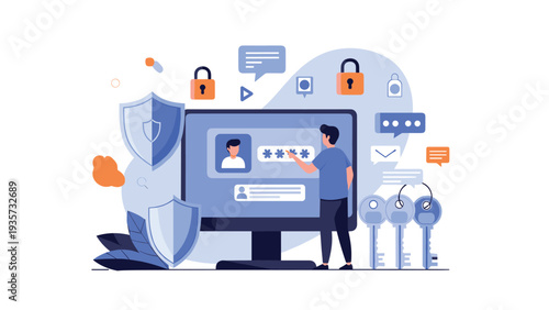 User interacting with a digital interface showing security icons such as locks and keys to emphasize data protection and cybersecurity.