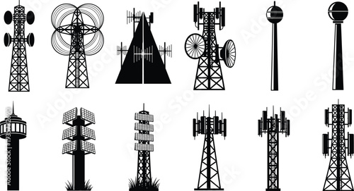 Telecommunication towers silhouette collection featuring radio antennas, cellular network masts, broadcast transmitters and wireless communication infrastructure icons for technology,