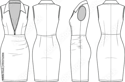 Fashion illustration, sleeveless fitted dress, deep V-neckline, collared design, front zipper closure, technical garment sketch, pattern making, stylish silhouette, contour seams, darts