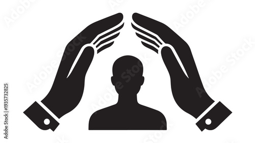 Minimalist Vector Icon of Protective Hands Sheltering a Human Silhouette Symbolizing Personal Insurance Life Safety and Social Care