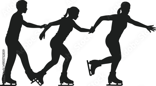 Silhouette of three people ice skating together holding hands, winter sport activity concept, teamwork, friendship, recreation and motion isolated on white background