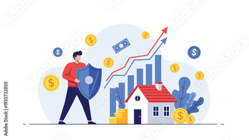 Protective man holding a shield in front of a house and rising bar charts to illustrate the concept of home insurance and financial safety.