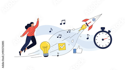 Enthusiastic woman jumping for joy near a launching rocket and creativity icons to represent a successful and innovative project start.