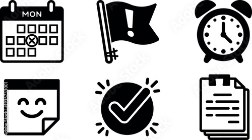 Minimalist flat icon set of calendar alarm clock flag sticky note check badge and clipboard in bold outline monochrome simple