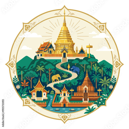 Golden Temple in Serene Landscape: Illustrative portrayal of a radiant golden temple perched atop a lush green hill. With intricate details and vibrant colors.