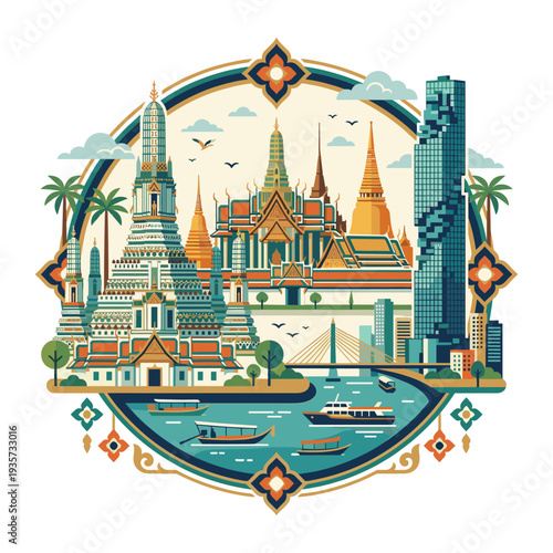 Bangkok Cityscape Illustration: A vibrant illustration showcasing the captivating skyline of Bangkok, Thailand, featuring iconic temples, modern skyscrapers, and the serene Chao Phraya River.