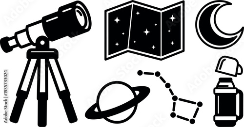 Flat design telescope and astronomy icon set with moon planet constellation map thermos and tripod simple black vector line art
