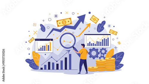 Financial professional examining market growth and economic trends with a magnifying glass surrounded by coins and upward moving arrows.