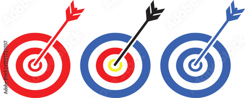 Three colored targets with arrows hitting bullseye red blue black