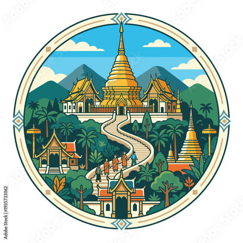 Temple of Serenity: An illustration of a majestic golden temple, its spire reaching towards a serene sky, nestled within a lush landscape. Monks ascend a winding path.
