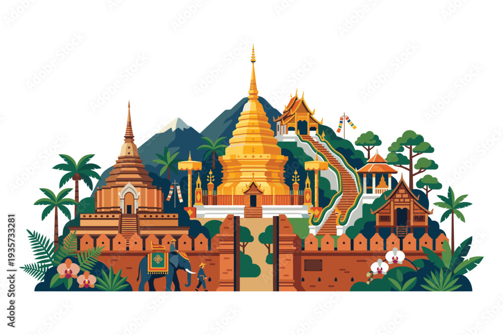 Obraz premium Ancient Temple and Surrounding Scene: A vibrantly illustrated depiction of an ancient temple, exuding serenity and cultural significance, nestled within a picturesque landscape.