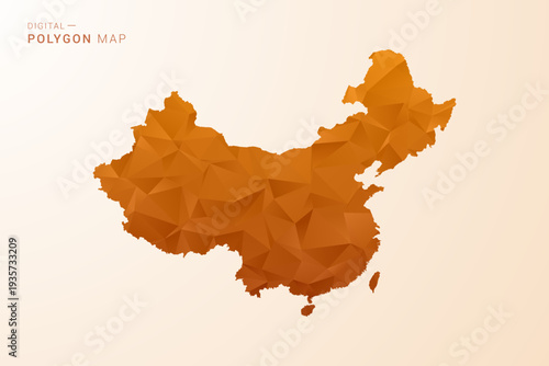 China Map - Low Poly Polygon Vector Illustration in Orange Hue, Clean Geometric Style, Isolated on White Background.
