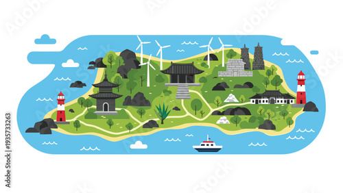 Stylized map of a beautiful island showing landmarks like temples lighthouses and wind turbines surrounded by blue ocean water and a boat.