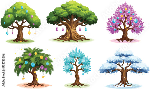 Fantasy magical crystal trees illustration, colorful gemstones growing on branches, enchanted forest nature vector art, decorative seasonal fantasy design