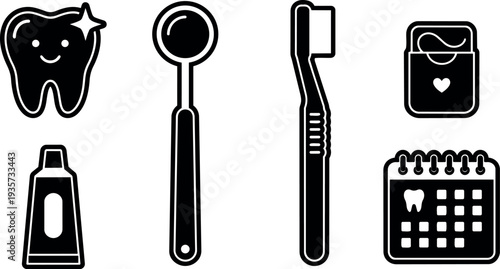 Flat design dental icons set close up toothbrush toothpaste dental mirror floss calendar tooth smiling on white background minimalist black