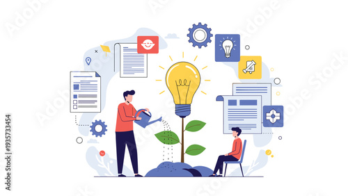 Man watering a young plant that is growing into a glowing lightbulb to represent the concept of nurturing new ideas and creative growth.