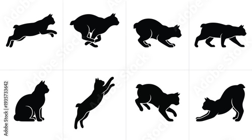 Set of dynamic cat silhouette illustrations showcasing various playful poses and movements