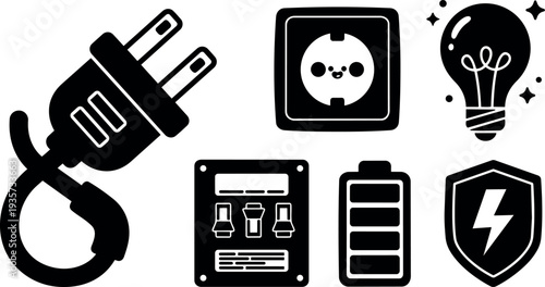 Flat design electric icons set showing plug outlet light bulb battery circuit breaker and power safety shield in bold monochrome